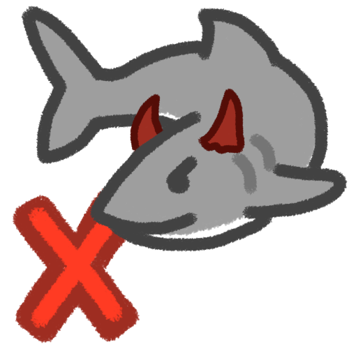 a stereotypical looking shark / great white looking shark turning to the left with a mean expression and red horns. there’s a red X next to and slightly under the shark